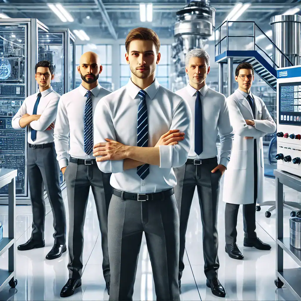 team of validation engineers in suits and lab coats standing near machine inside production hall
