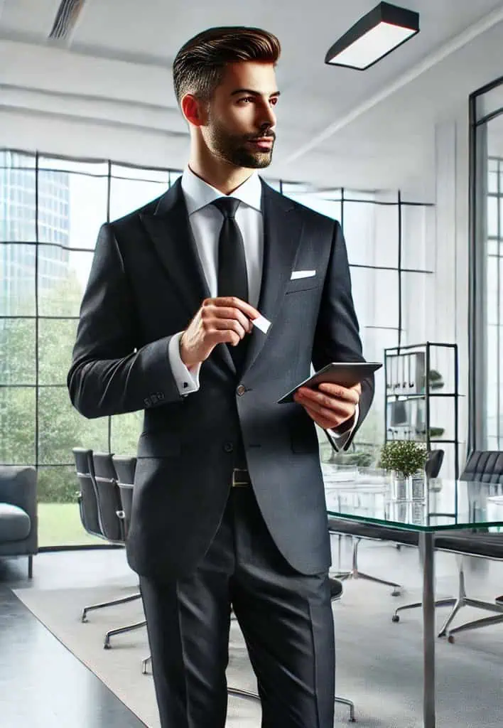sampling services manager walking in meeting room with tablet in hand