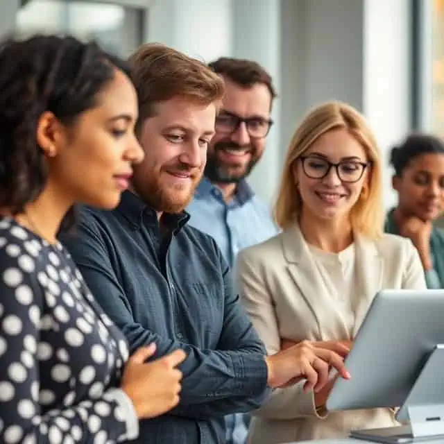 HR consultant services team studying report on computer