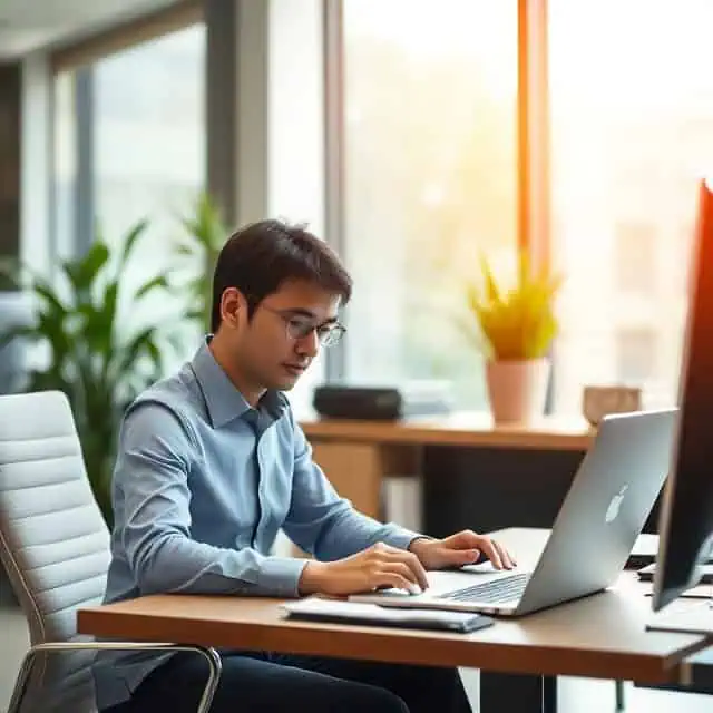 HR consultant services expert in modern office working on laptop