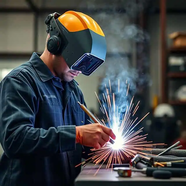 a man wearing a welding mask and goggles