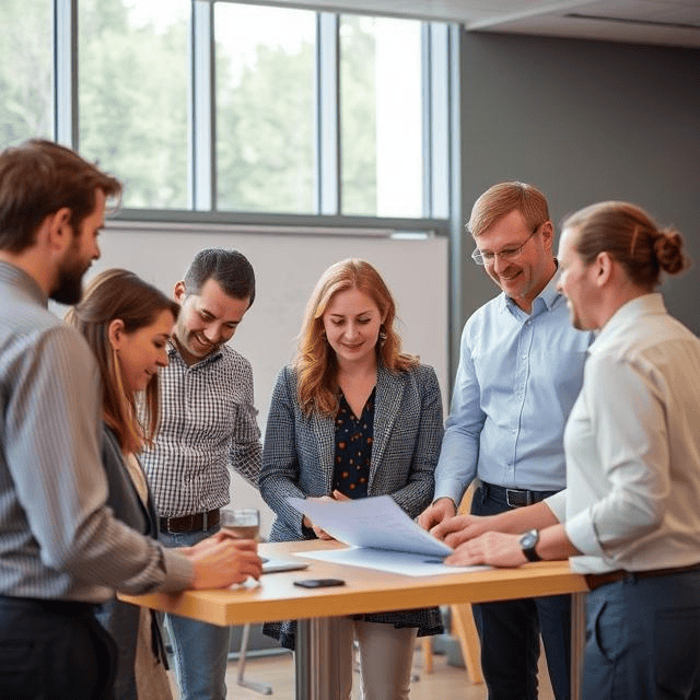 a group of people standing around a table looking at a piece of paper