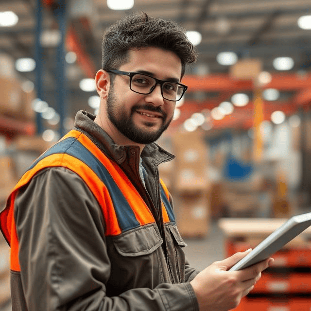 a man in a warehouse holding a tablet