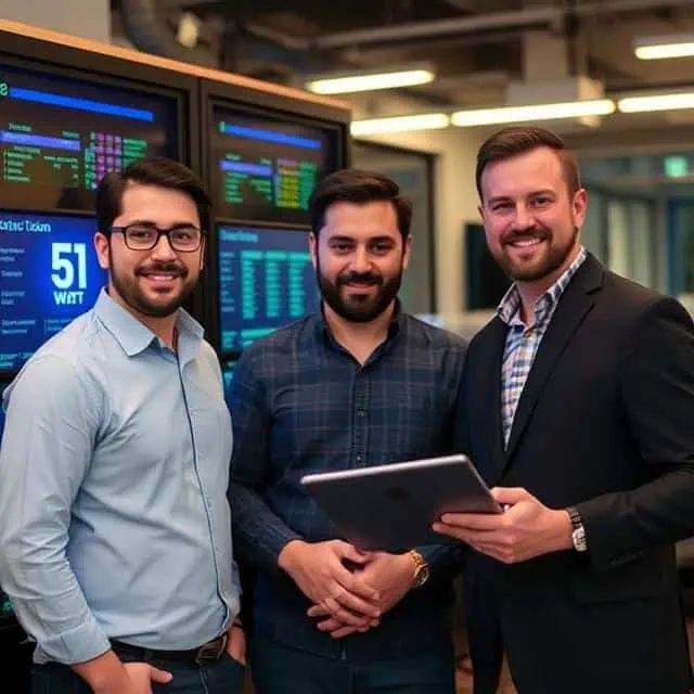 Three IT Integration Specialists standing in data center smiling