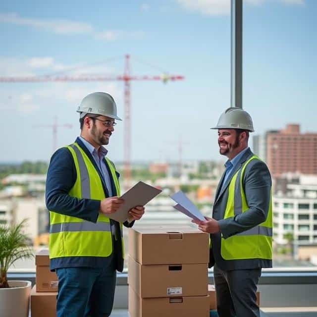 Relocation project managers standing near the window at construction site, wearing protective helmets and vest, discussing with files in hands