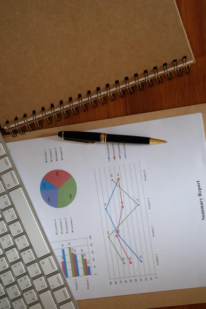 Creative workspace with notepad and file report placed next to keyboard