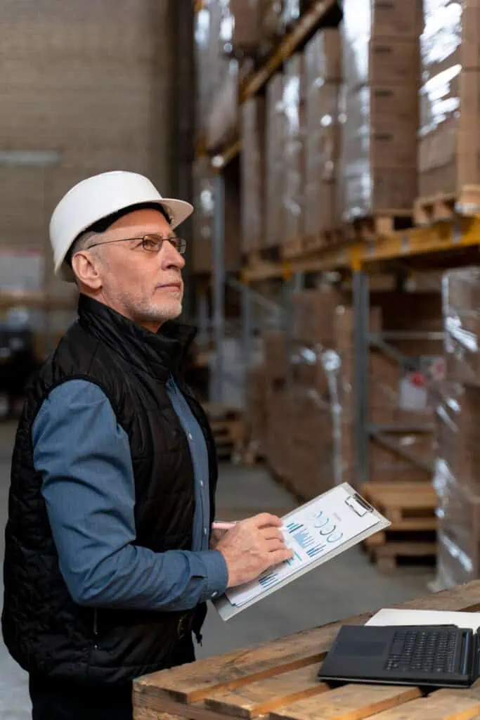 Worker standing in a warehouse with clipchart in hands, checking control