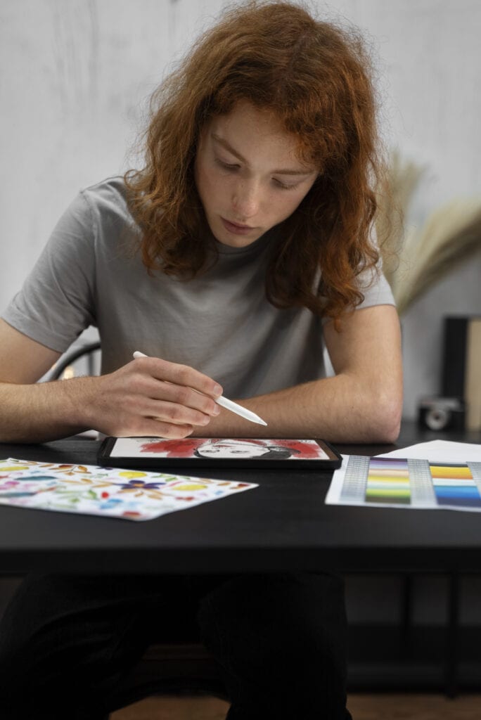 Woman drawing designs on iPad in office