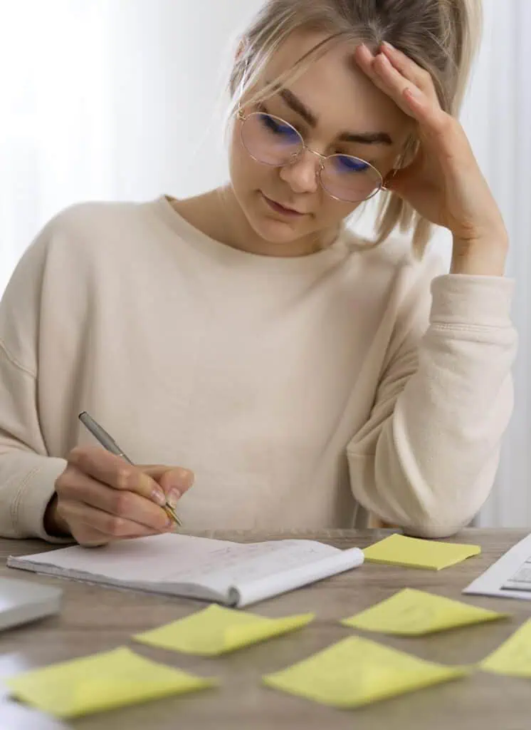Woman writting notes, surrounded bywithnotes on her table