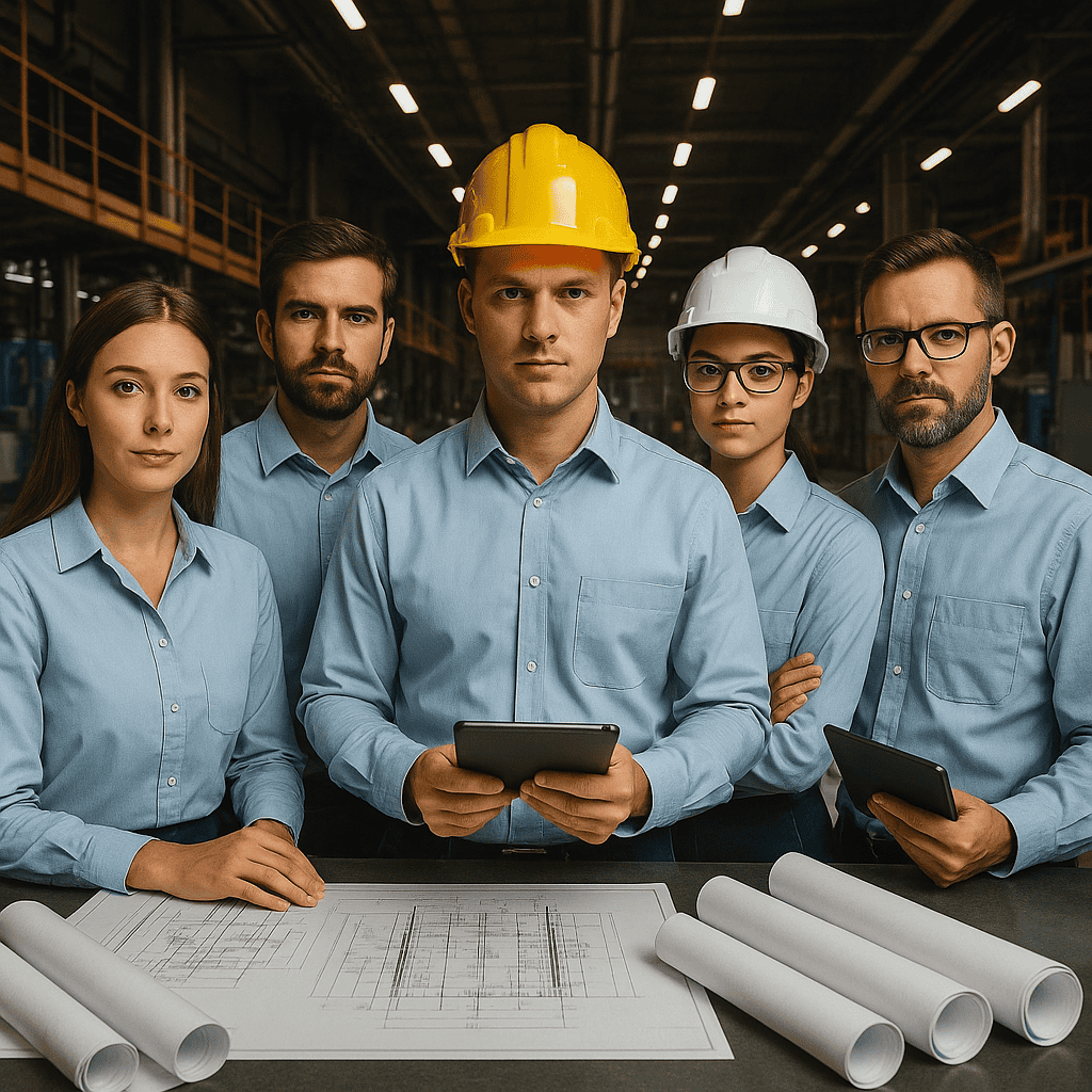 Five APQP engineers in blue dress shirts stand in a production hall. The man in the middle holds table, there are papers on the table in front of them.
