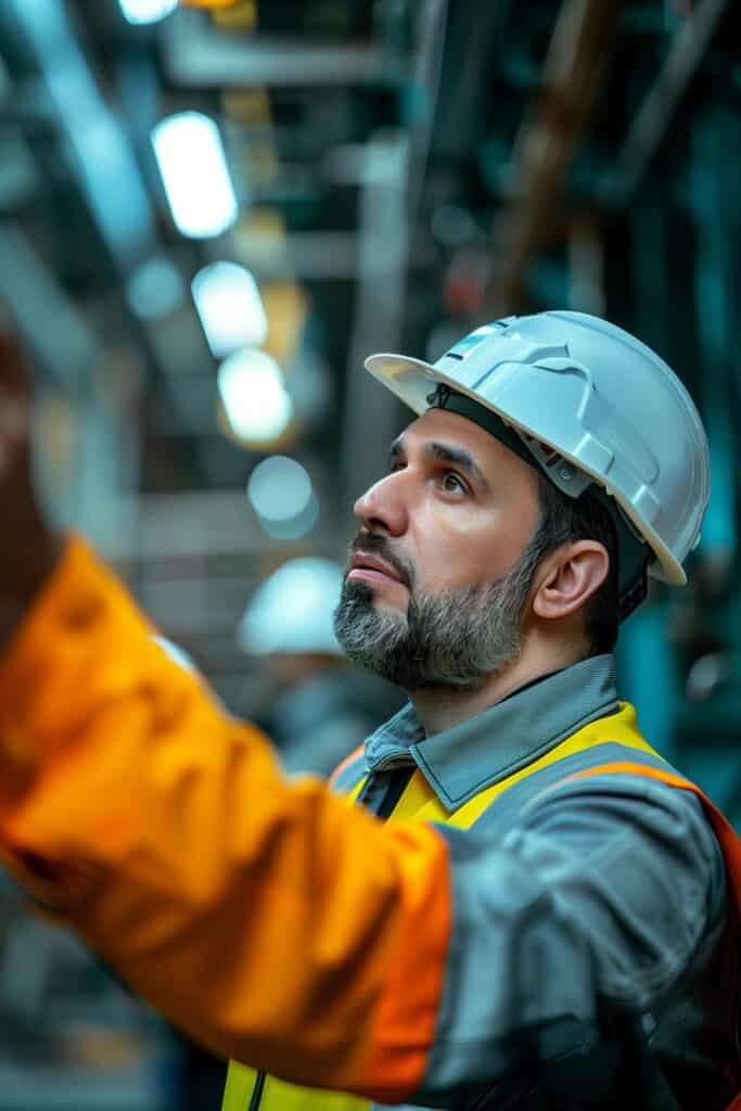 Automation manager wearing protective gear is checking the components in a hall