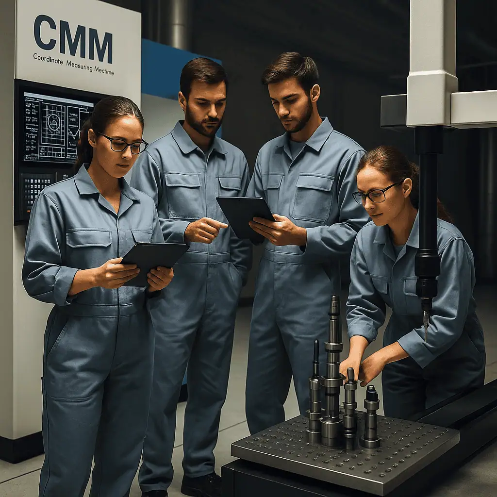 a group of industrial CMM technicians, dressed in light blue coveralls, are gathered around a Coordinate Measuring Machine (CMM) in a high-tech manufacturing facility