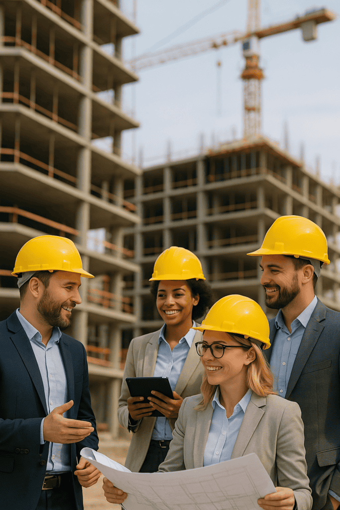 Four smiling construction managers with yellow hard hats, holding plans and tablet are having a discussion on construction site