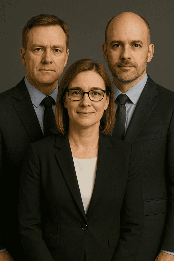 Team of interim CEOs in suits standing next to each other with subtle smiles