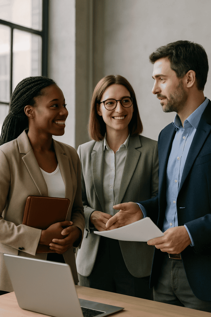 Smiling HR interim management, two women and one man, stand next to a desk in office with laptop on