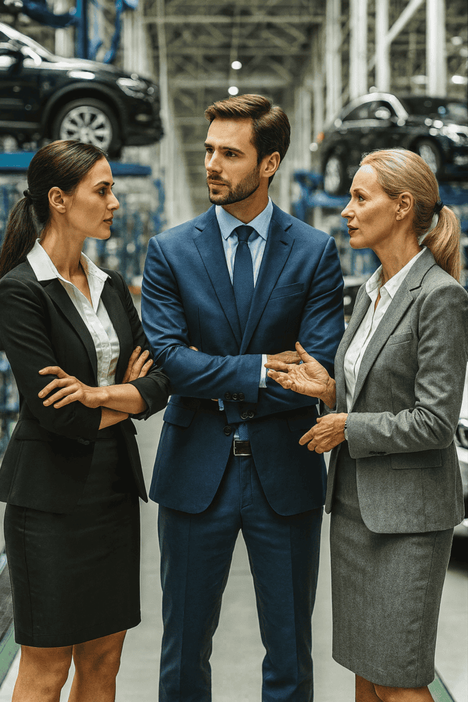 Three interim management automotive experts, one male and two women, stand in hall with cars around, having a talk