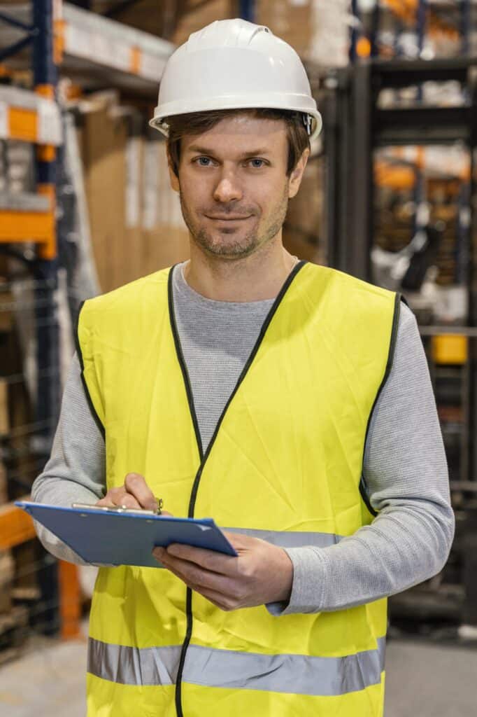 Manufacturing manager wearing white hard helmet and yellow reflective vest taking notes in warehouse