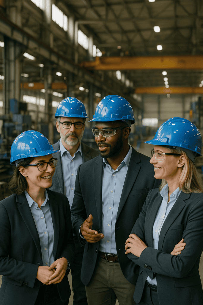 Four manufacturing managers wearing blue hard helmets having a talk in warehouse