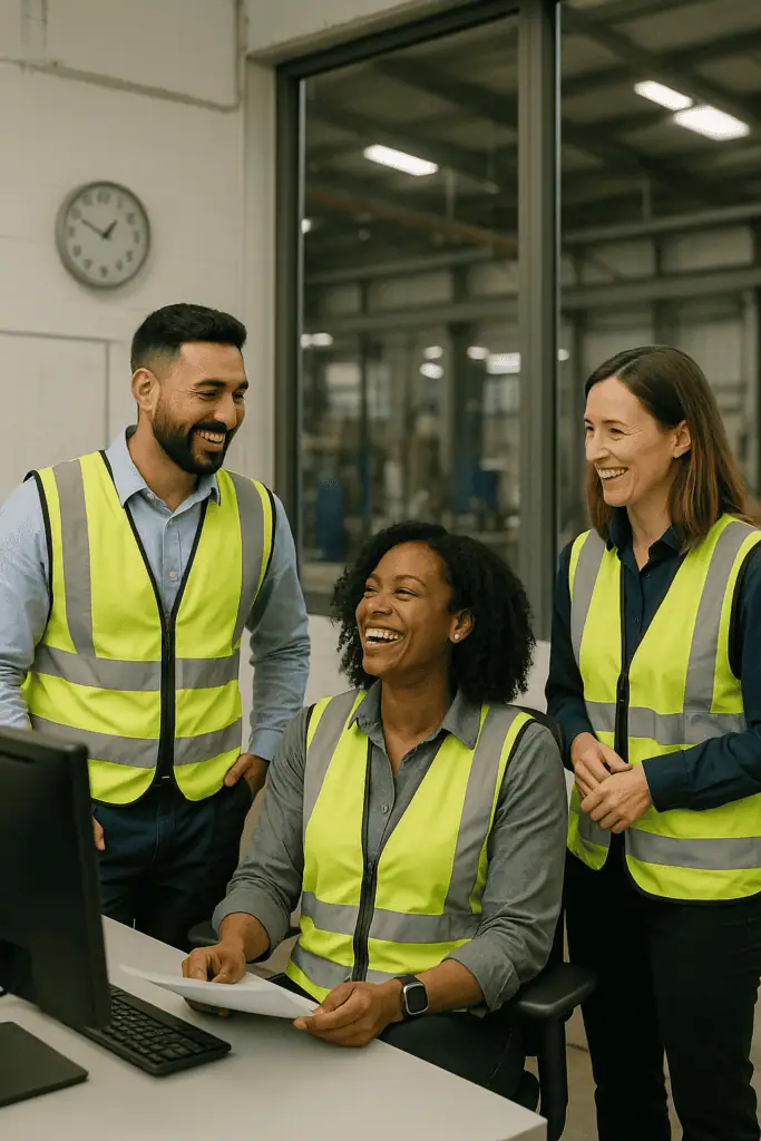 Three operations managers - two womean and one man - laughing together by the desk of one of the women, all wearing yellow reflective vests