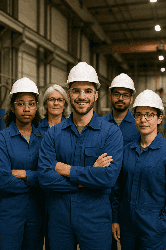 Group of quality engineer services experts waring blue uniforms and white hard helmets standing in a hall