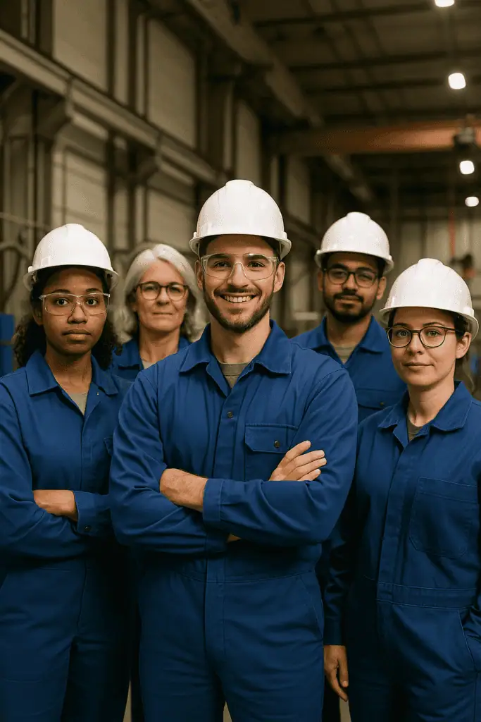 Group of quality engineer services experts waring blue uniforms and white hard helmets standing in a hall