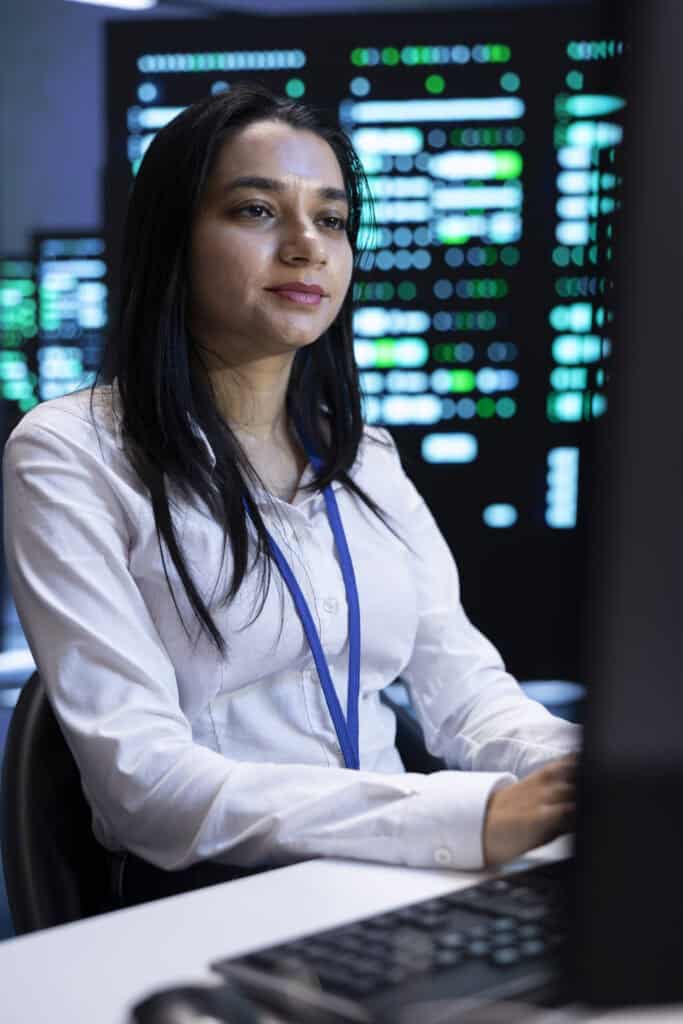 Woman IT integration expert monitoring and optimizing data center performance and capacity using computer