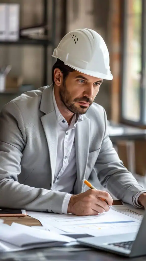 Quality engineer in grey suit and white hard helmet is sitting at his desk, checking the reports on his laptop and taking notes