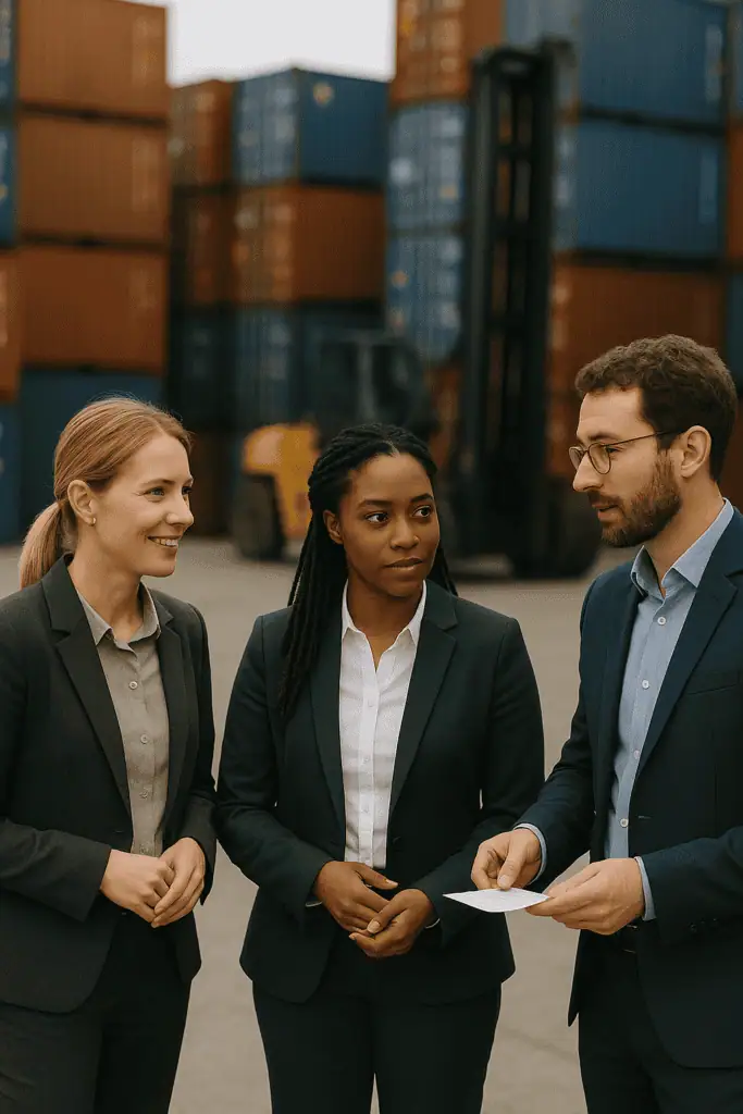 Three relocation managers, two women and one man, standing on site