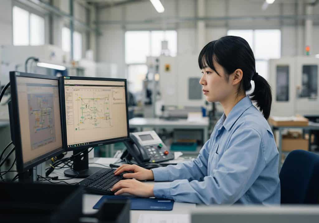 Female engineer working on computer in industrial factory