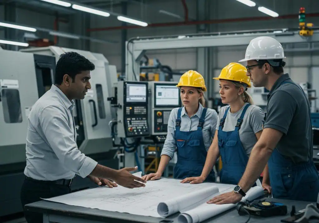 Engineers discussing blueprints in a manufacturing plant