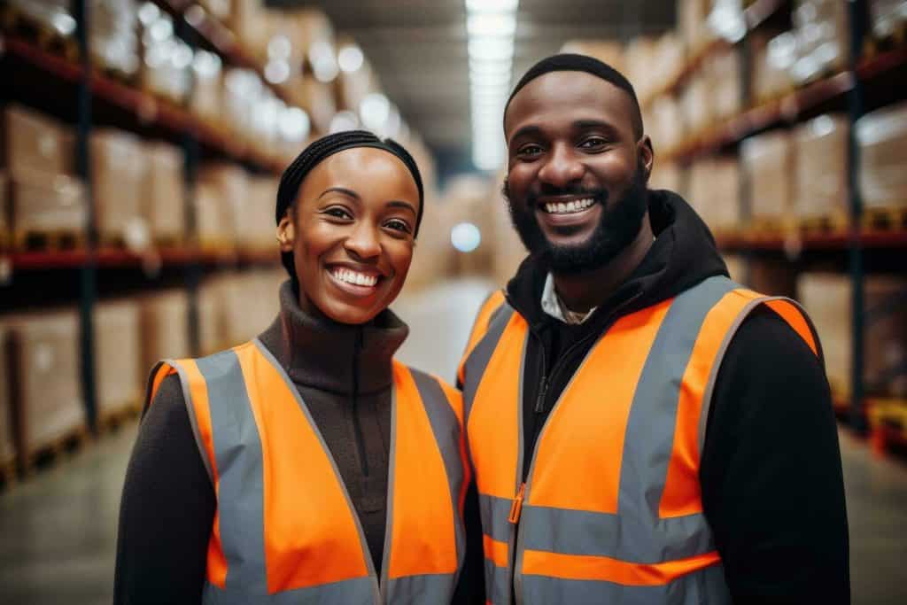 Warehouse workers, man and woman, smiling at camera