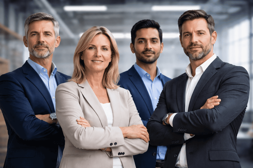 Leiter Operations führt im Besprechungsraum neben der Produktionshalle ein Auswahlgespräch mit einem Kandidaten für die Position als Interim Manager