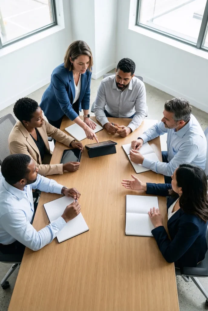 Strategic sourcing management professionals discusing business at meeting