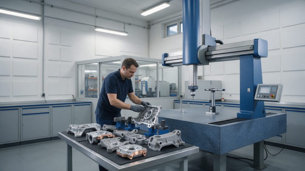 Qualitätsingenieur prüft Teile aus einem ersten Produktionslauf auf einer Koordinatenmessmaschine
