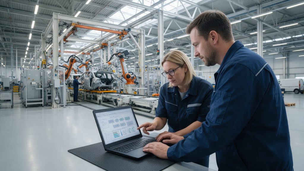 Qualitätsingenieur und Prozessingenieur besprechen einen APQP-Projektplan neben einer neuen Montagelinie für Automobilteile
