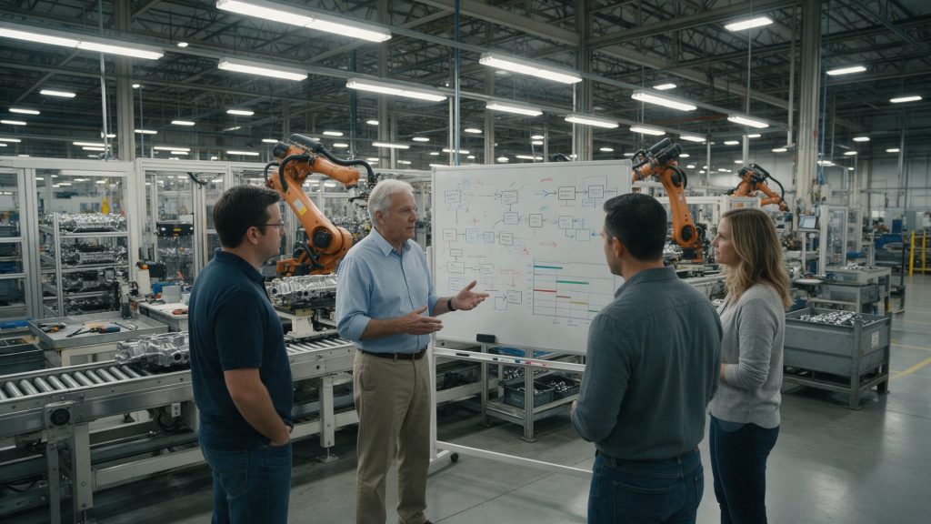 Interim Manager für das Programmmanagement leitet eine Besprechung des Anlaufteams an einer Shopfloor-Tafel neben einer neuen Fertigungslinie für Automobilteile
