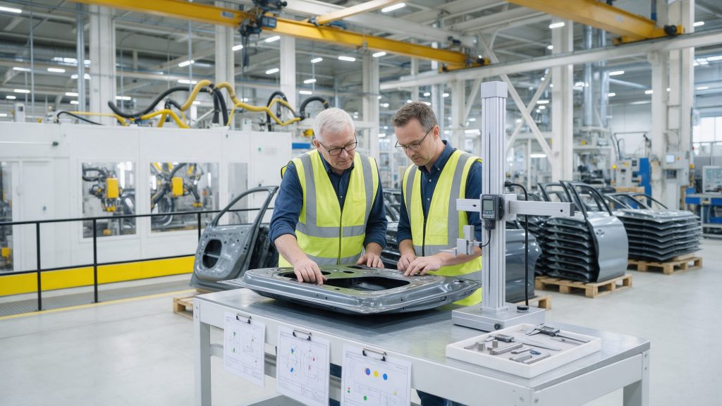 Interim Manager für das Qualitätsmanagement und ein Qualitätsingenieur des Werks prüfen eine Autotür an einem Messplatz neben der Rohbaulinie