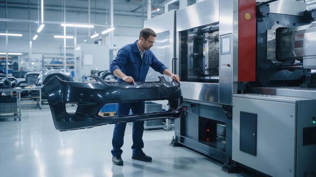 Ingenieur prüft einen spritzgegossenen Kunststoffstoßfänger neben einer Spritzgießmaschine in einem Werk für Fahrzeugteile