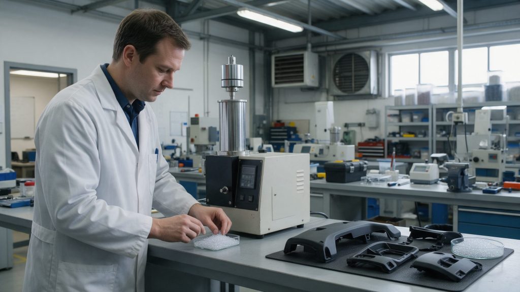Werkstoffingenieur prüft Kunststoffgranulat neben einem Schmelzindex-Prüfgerät im Labor eines Automobilzulieferers