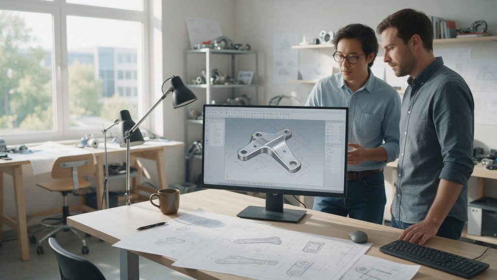 Zwei Konstrukteure besprechen das 3D-CAD-Modell einer Metallhalterung während einer Design-FMEA