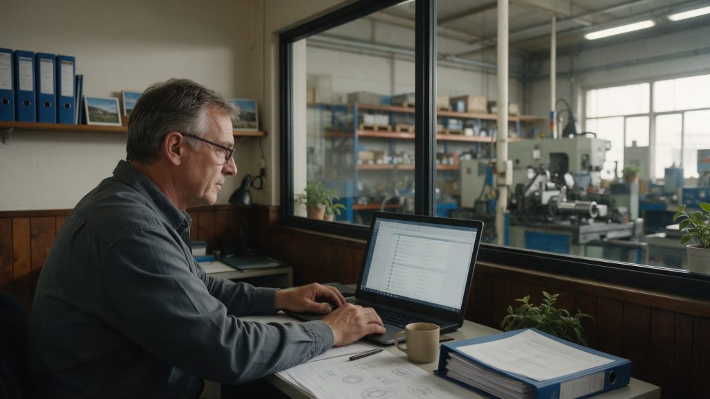 Erfahrener Ingenieur sieht sich offene Interim-Projekte am Laptop in einem Büro neben der Produktionshalle an