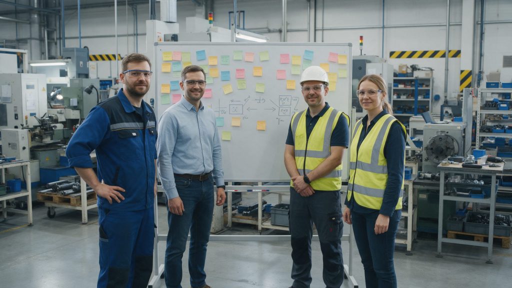 Bereichsübergreifendes Team an einer Kaizen-Tafel mit Haftnotizen während eines Kaizen-Workshops in der Produktion
