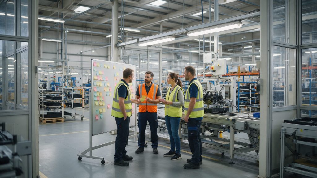 Bereichsübergreifendes Kaizen-Team in Warnwesten bespricht Verbesserungsideen an einem Whiteboard neben einer Montagelinie