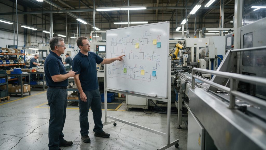 Werksleiter und Lean-Ingenieur besprechen eine handgezeichnete Wertstromdarstellung auf einem Whiteboard neben einer Produktionslinie