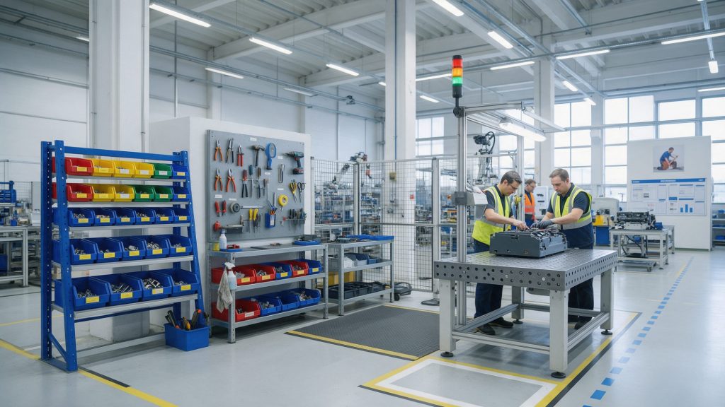 Lean-Arbeitsplatz in der Produktion mit Kanban-Behältern, Schattenbrett für Werkzeuge, Bodenmarkierungen und einer Andon-Leuchte