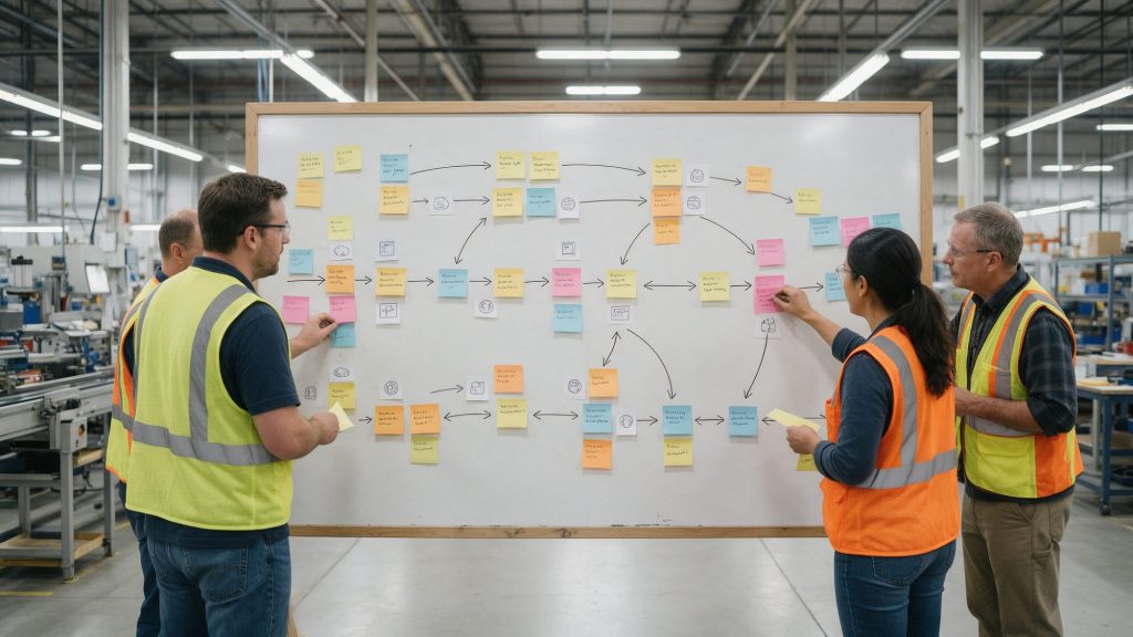 Zwei Teammitglieder in Warnwesten erstellen in der Fertigungshalle mit Haftnotizen ein Wertstromdiagramm an einer Tafel