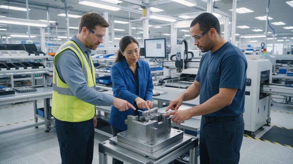 Prozessingenieur, Qualitätsingenieur und Werker besprechen eine Vorrichtung an einer Montagestation während einer Prozess-FMEA