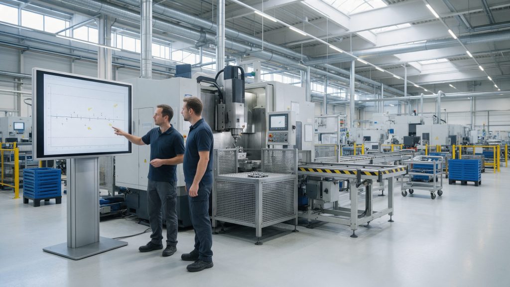 Qualitätsingenieur und Produktionsmeister prüfen an einem Monitor neben einer Bearbeitungslinie eine Regelkarte