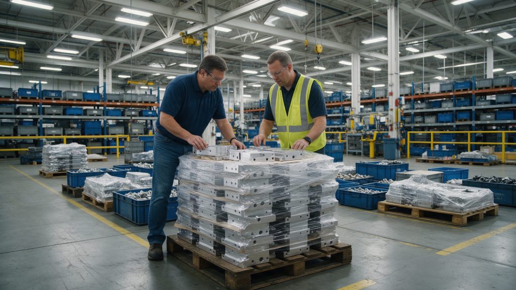 Supply-Chain-Manager und Lieferantenqualitätsingenieur prüfen im Wareneingang eine Palette mit angelieferten Zerspanungsteilen