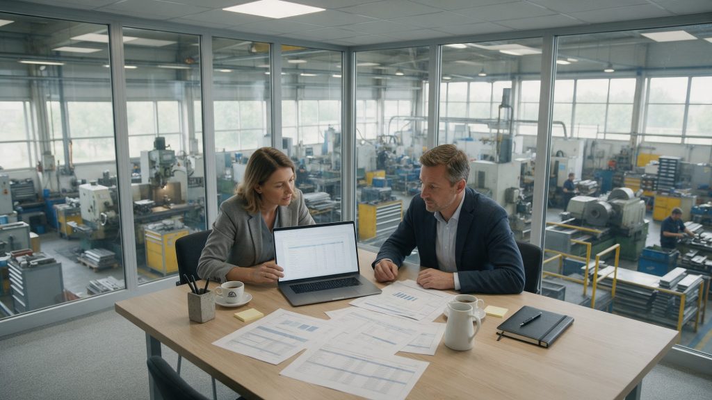Einkaufsleiter und Warengruppeneinkäufer vergleichen Kostenaufstellungen von Lieferanten in einem Büro mit Blick auf die Produktionshalle